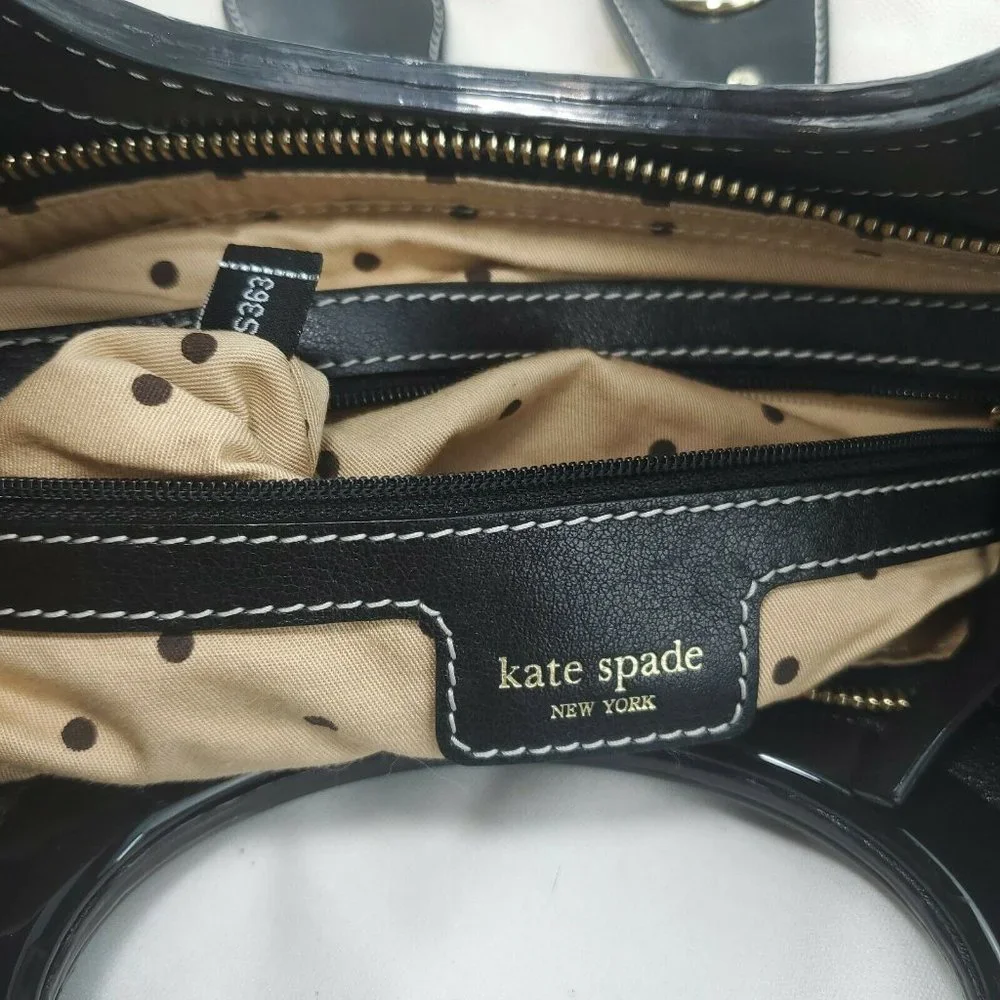 Kate Spade Womens Black Cream Canvas Leather Zip Pockets Crossbody Handb…